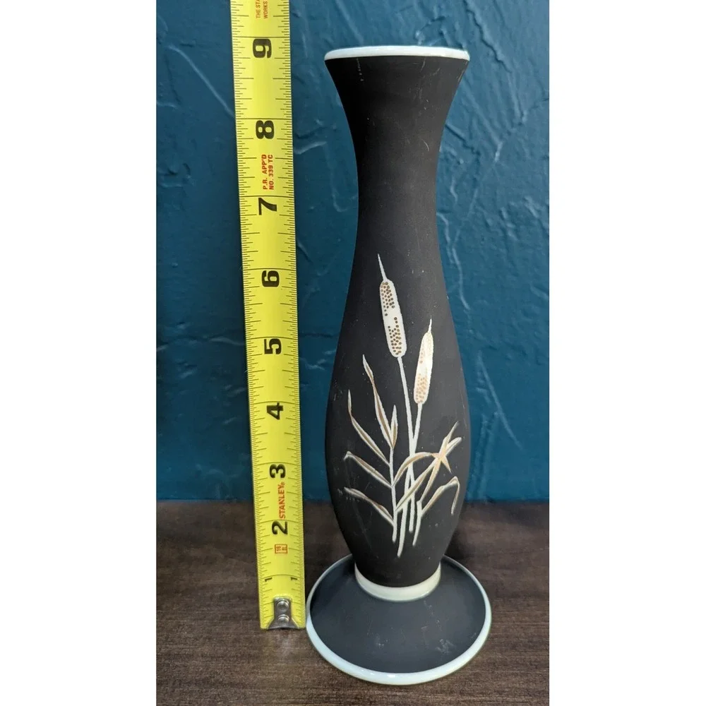 Vintage MCM KM‎ Porzellan Bavaria Germany Black Bud Vase w/Gold Cattails 9